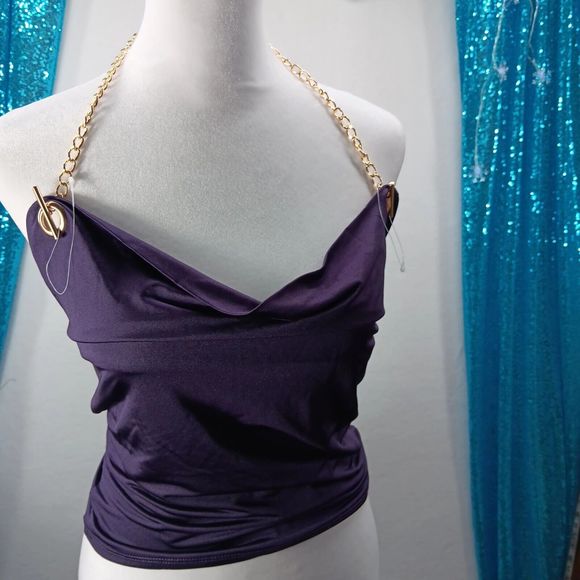 NWT Thirty Thirty Size S Cowl Neck Gold Chain Accent Tube Top Purple Stretch - Picture 12 of 12